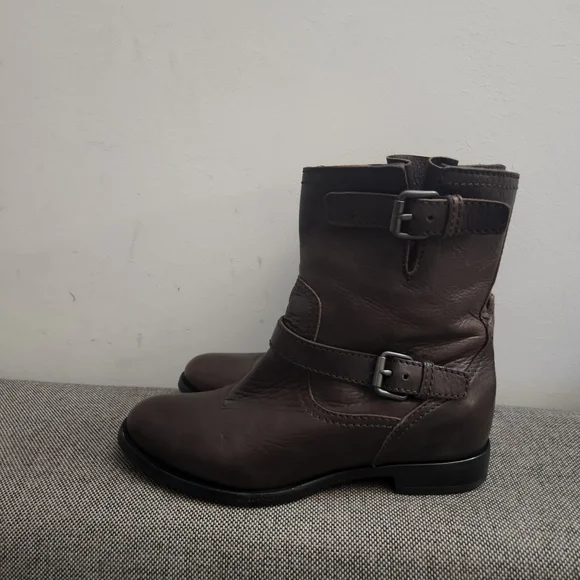 PRADA DOUBLE BUCKLE MOTORCYCLE MOTO BOOTS Brown LEATHER BIKER